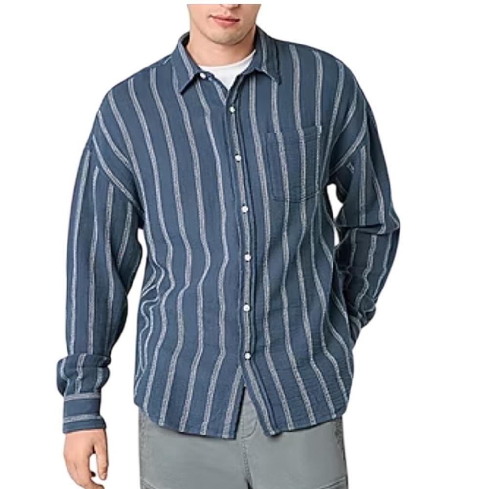 Arizona Jean Co Mens XL Blue White Striped Gauze‎ Cotton Button Down Shirt NEW